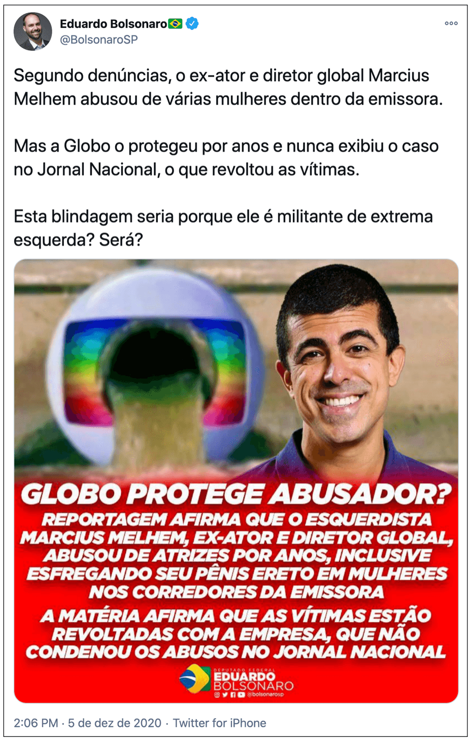 Eduardo Bolsonaro diz que Globo “protegeu” Marcius Melhem; Fábio Faria e Holiday criticam seletividade