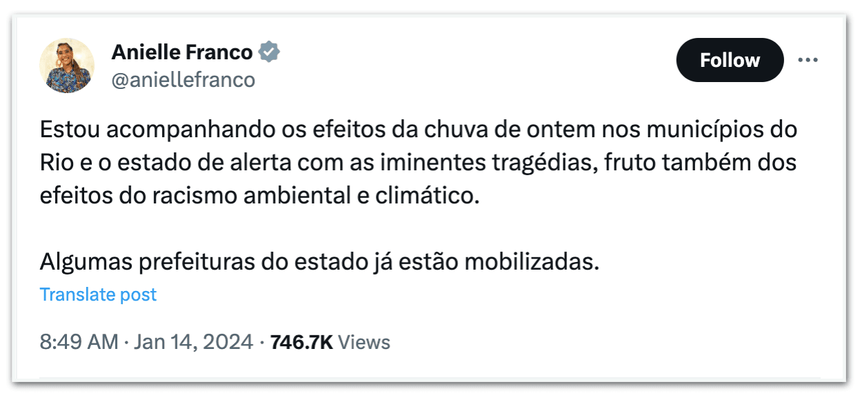 Ministra Anielle Franco atribui tragédias das chuvas no Rio de Janeiro a “racismo ambiental”