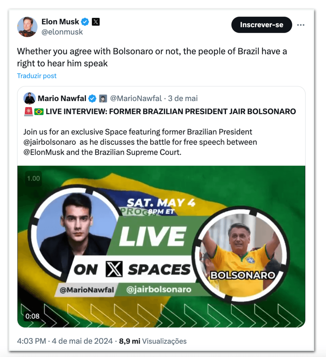 Concordando ou não, brasileiros têm direito de ouvir Bolsonaro falar, diz Musk