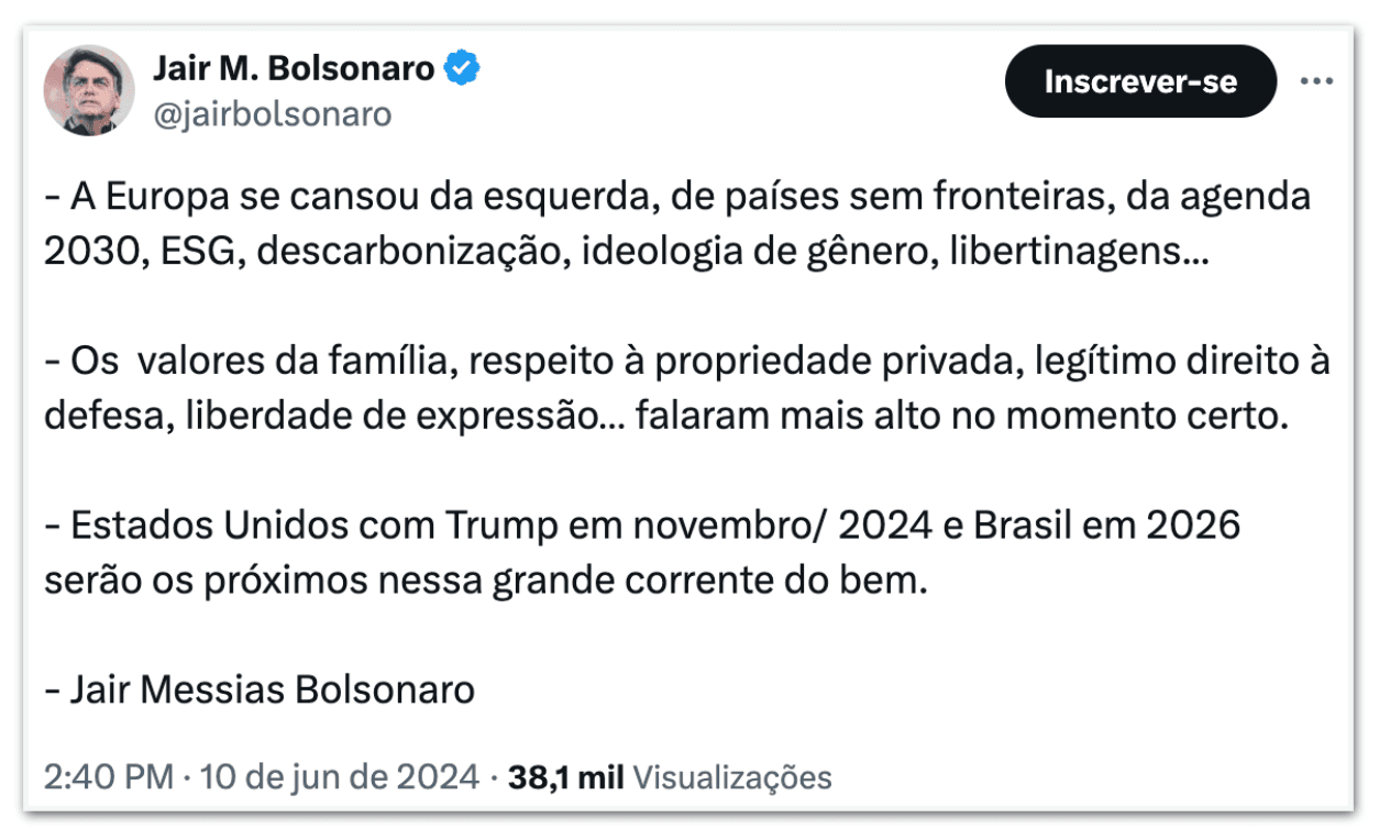 "Europa se cansou da esquerda e Brasil será o próximo", diz Bolsonaro sobre avanço da direita no Parlamento Europeu