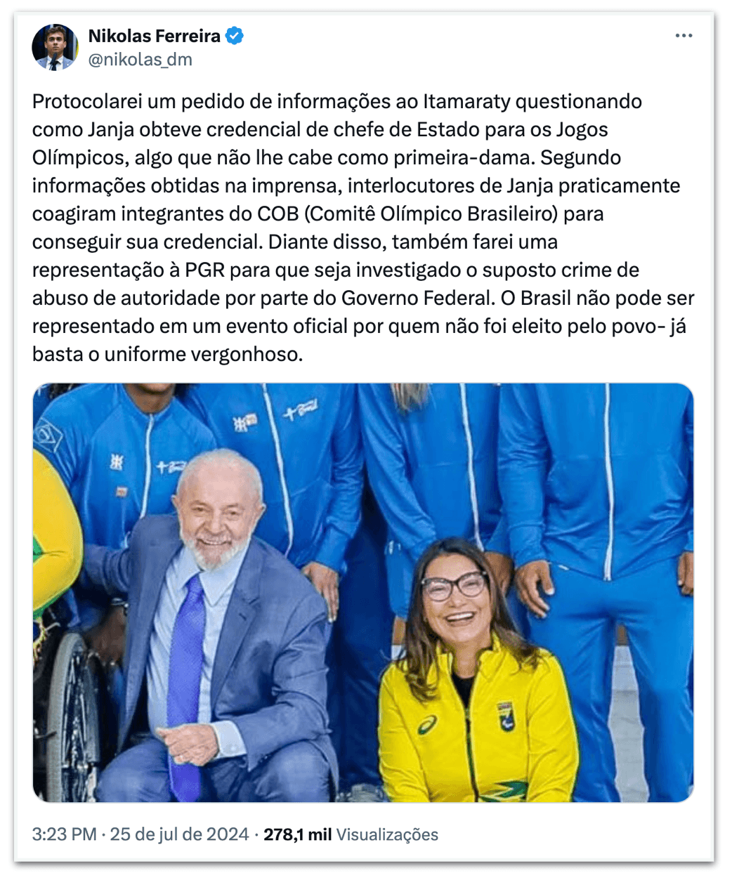 Nikolas Ferreira questionará Itamaraty por credenciais de Janja em Paris