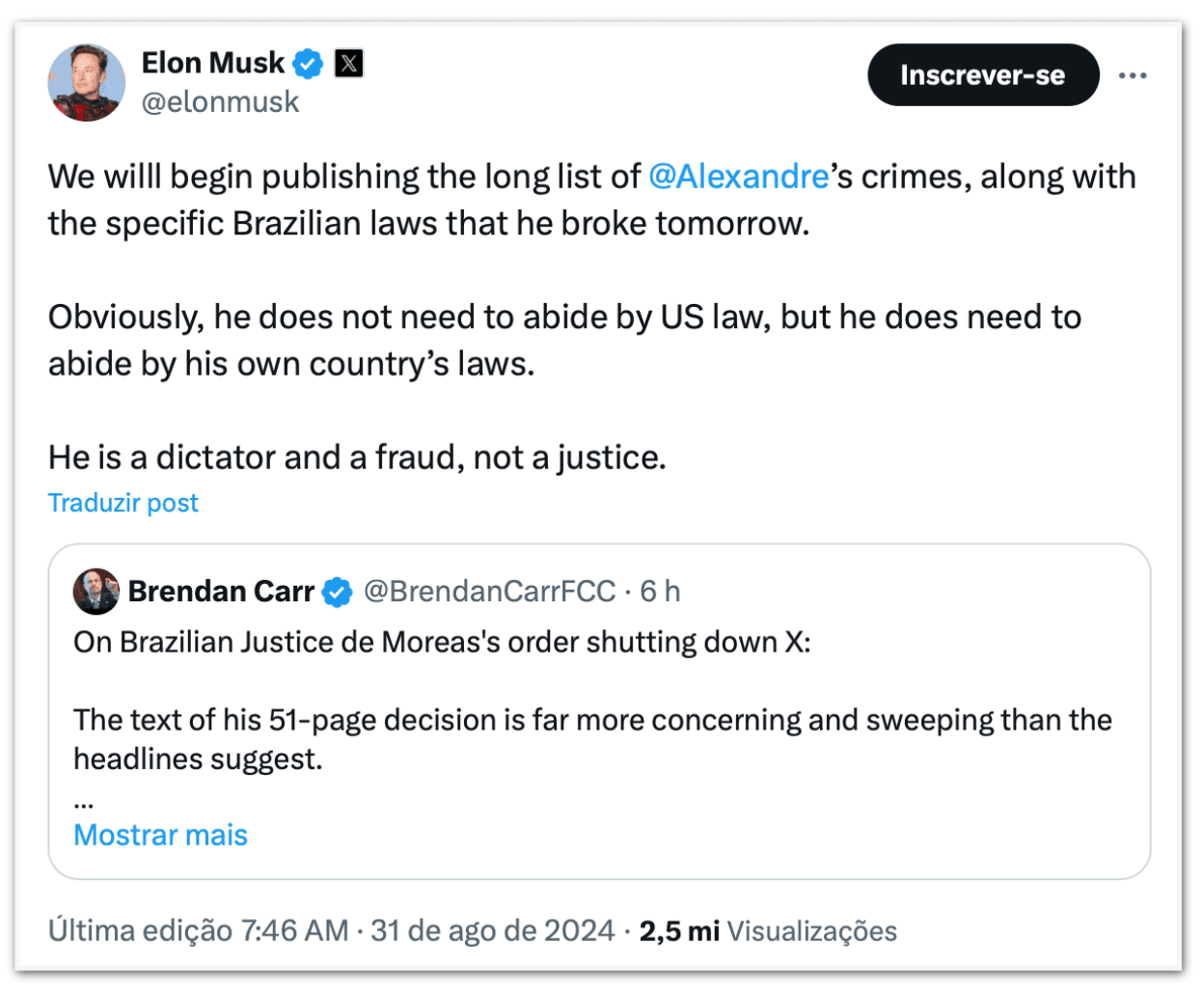 Após suspensão do X no Brasil, Musk diz que divulgará “longa lista de crimes” de Moraes