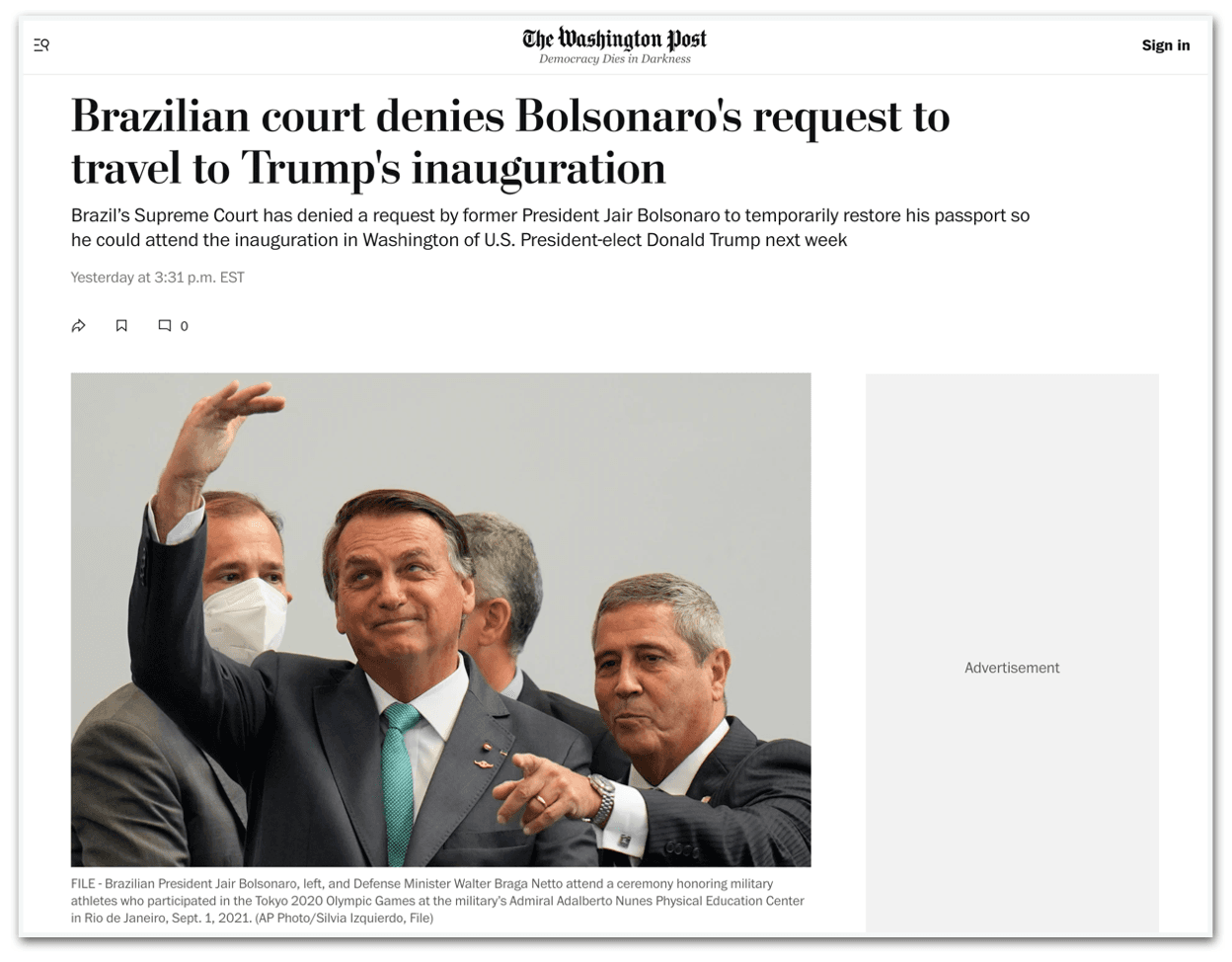 Mídia internacional destaca ausência de Bolsonaro em posse de Trump