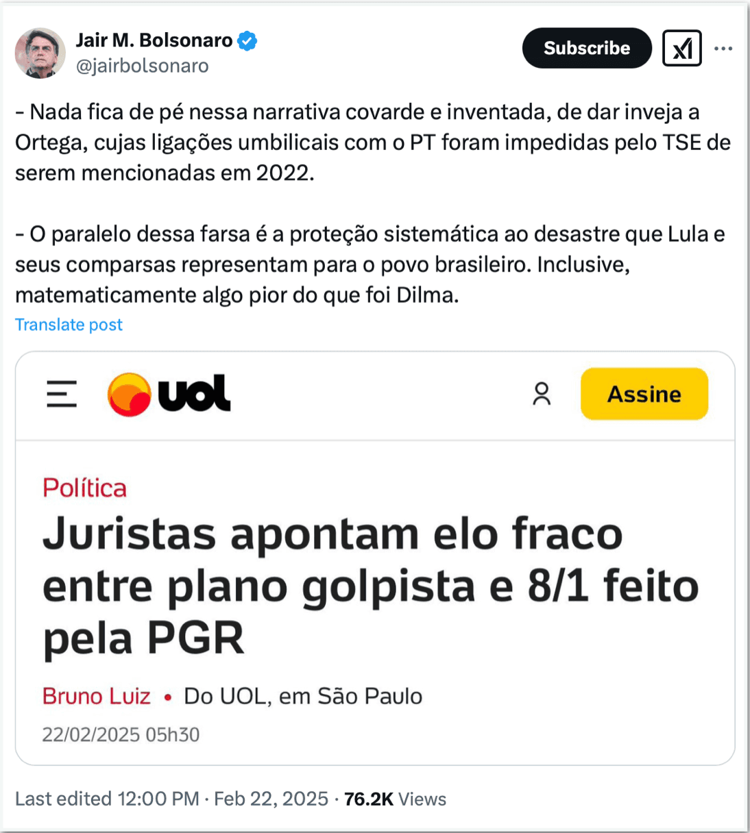Bolsonaro diz que há “proteção sistemática” ao governo Lula