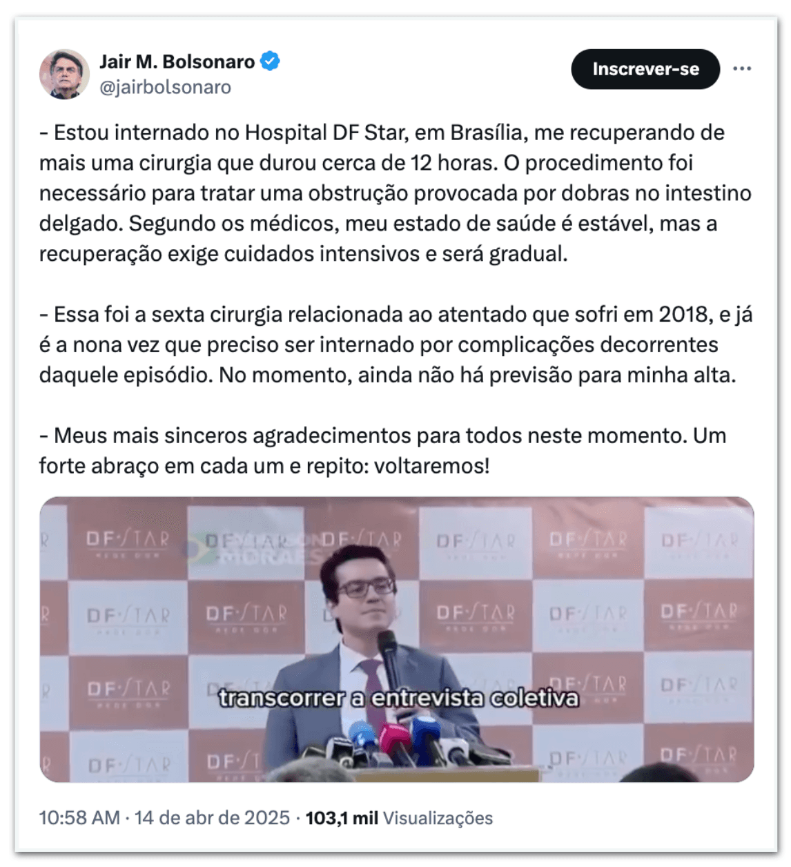 Bolsonaro diz que recuperação “será gradual” e avisa aos seguidores: “Voltaremos”