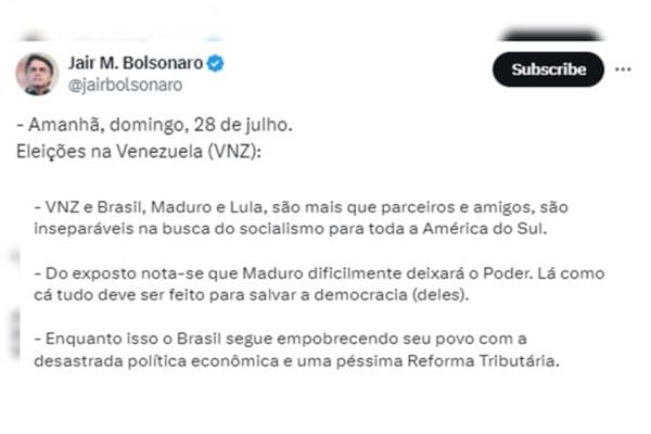 Bolsonaro sobre Maduro e Lula: “Inseparáveis na busca do socialismo”